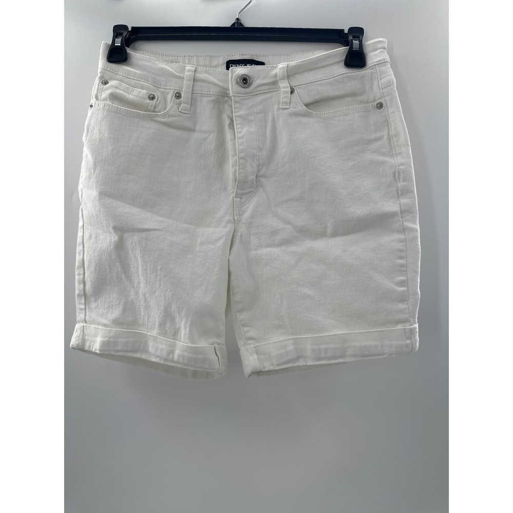 DKNY Jeans Womens White Denim Cuffed Bermuda Shorts Size 8 Mid Rise Stretch